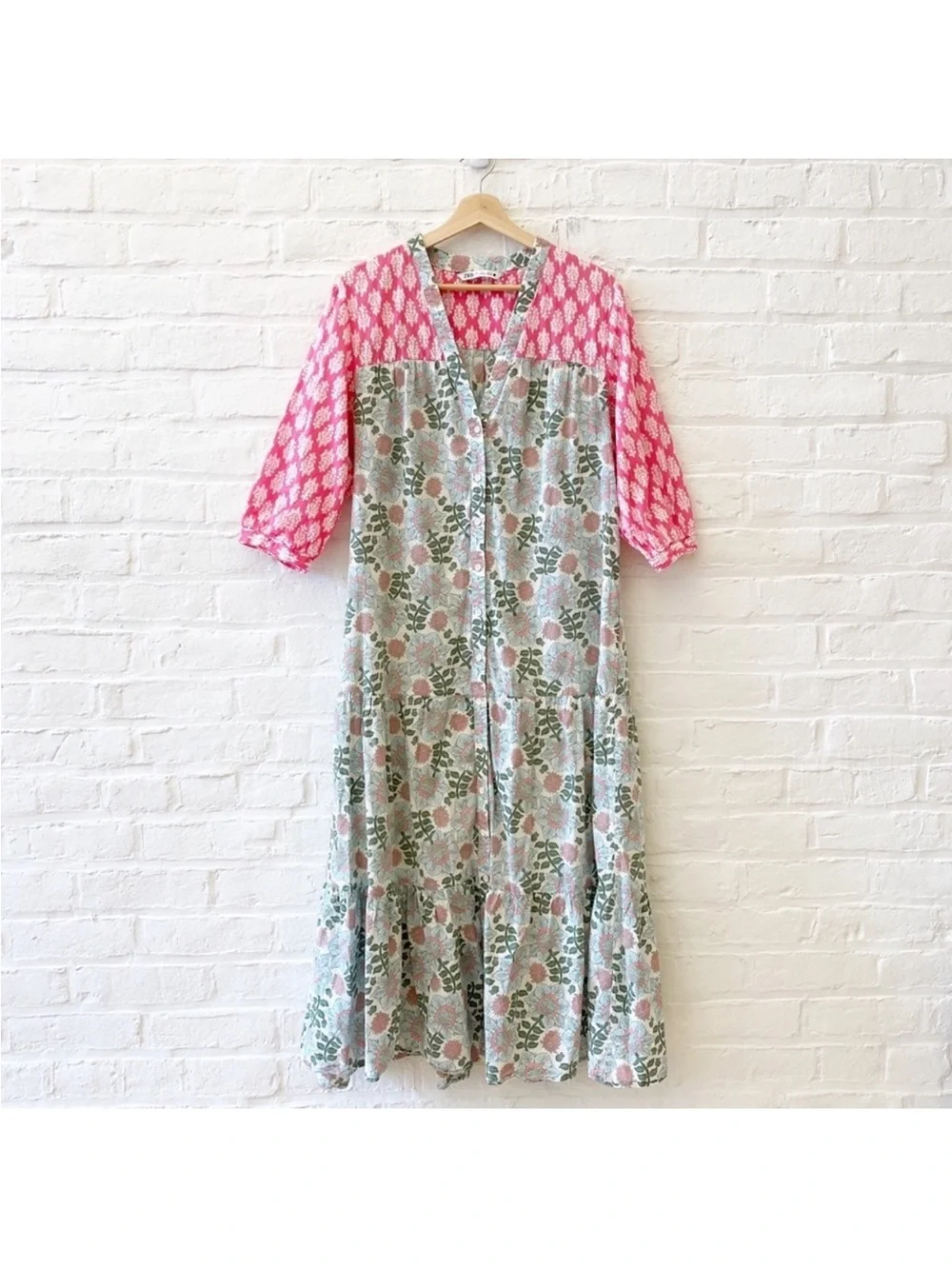 Zara Block Printed Floral Pink Ecru Midi Dress M